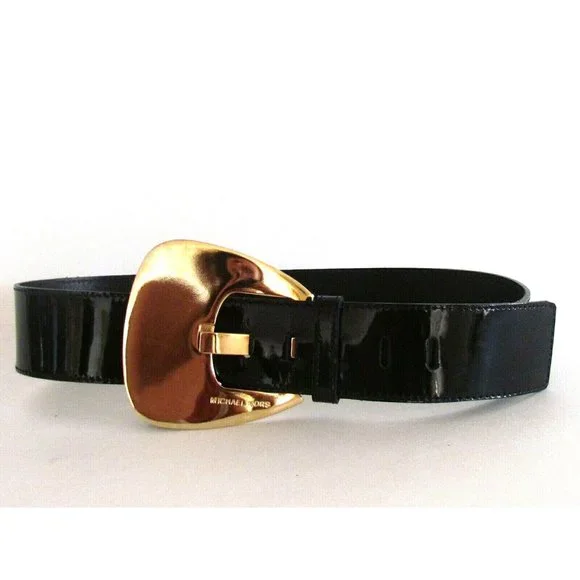 Michael Kors Collection Black Patent Leather Gold Tone Buckle Designer Belt Med
